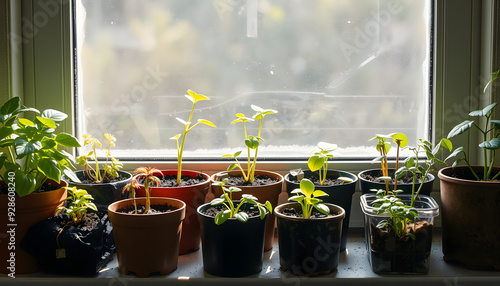 Many different seedlings growing in pots on window sill isolated with white highlights, png photo