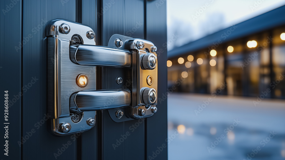 A door with a silver handle and a light on it A door with a silver handle and a light on it