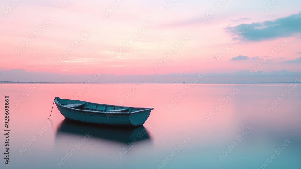 Naklejka premium A serene sunset view with a lonely boat on calm waters, reflecting soft pastel colors.