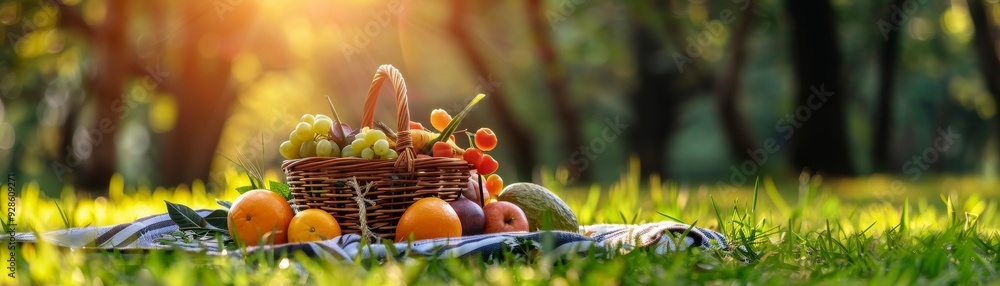 A vibrant basket filled with fresh fruits sits on a blanket in a sunny green park, promoting a healthy outdoor lifestyle. A vibrant basket filled with fresh fruits sits on a blanket in a sunny green park, promoting a healthy outdoor lifestyle.