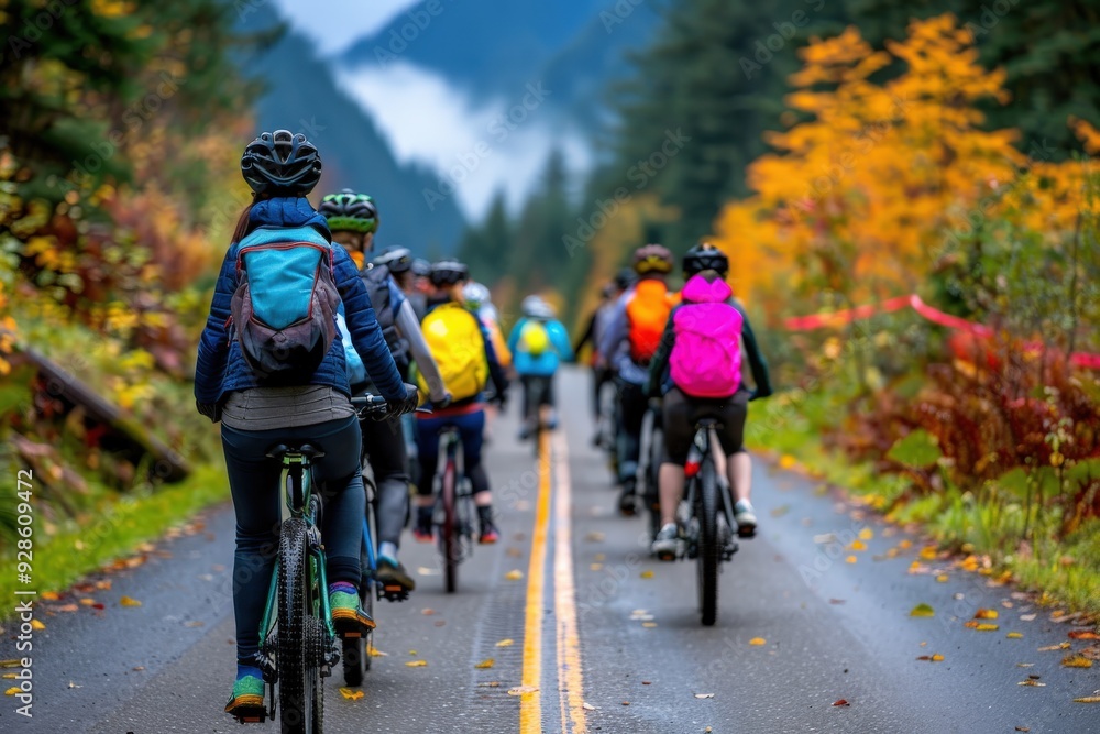 A large group of cyclists riding down a road that cuts through a thick forest adorned with vibrant autumn foliage, symbolizing teamwork, endurance, and the beauty of nature. A large group of cyclists riding down a road that cuts through a thick forest adorned with vibrant autumn foliage, symbolizing teamwork, endurance, and the beauty of nature.