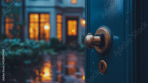A blue door with a gold knob is open. The door is in front of a house with a window