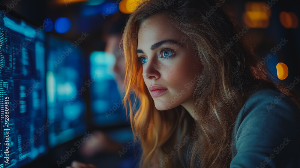 A woman with long brown hair is looking at a computer screen. Concept of focus and concentration as the woman stares intently at the screen