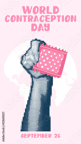 Hands holding contraceptives, a collage in the style of pop art grunge. World Contraception Day. Hands holding a flat patch, September 26, made in a halftone style using vector dots