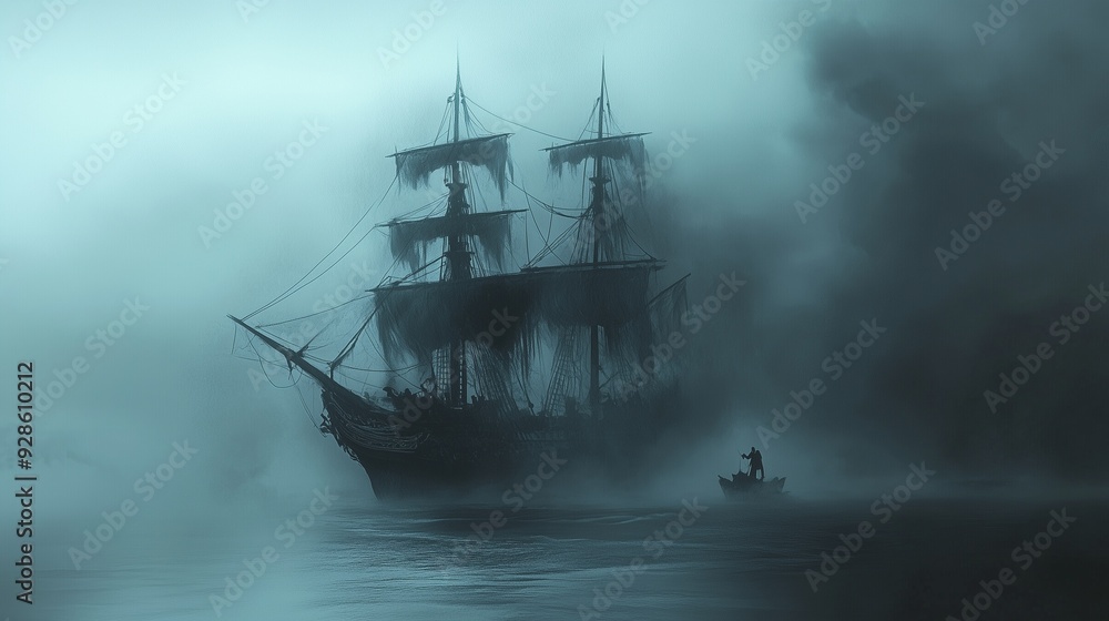 Draw a ghostly pirate ship with sails, a crow's nest, and pirate ghosts searching for lost treasure on a foggy sea. Draw a ghostly pirate ship with sails, a crow's nest, and pirate ghosts searching for lost treasure on a foggy sea.