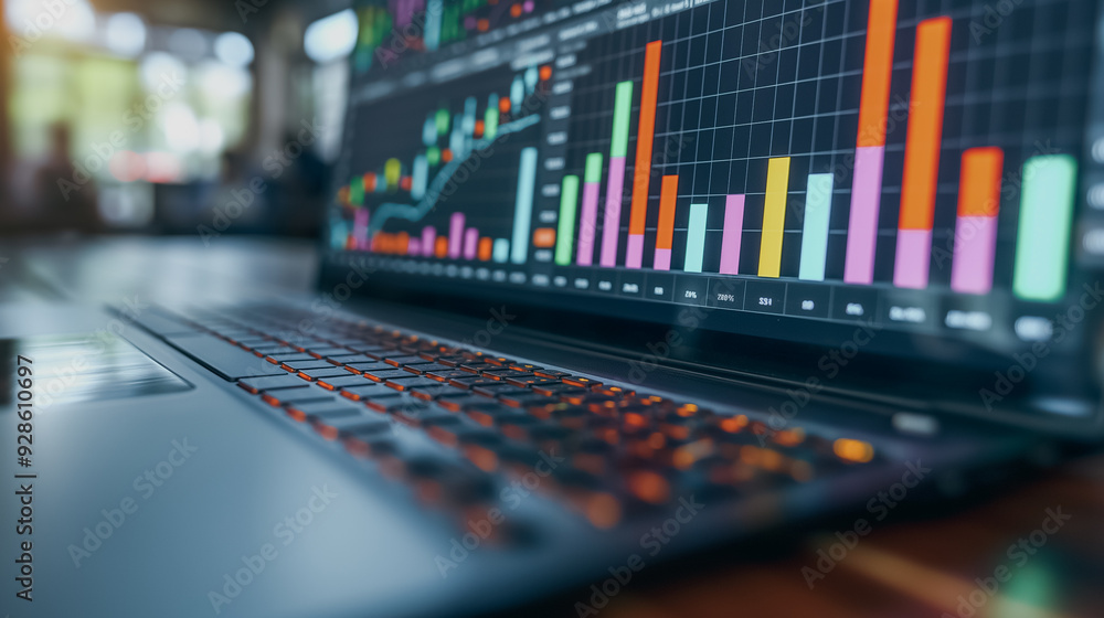 A laptop displaying a graph with a red line on it. The graph is showing a downward trend A laptop displaying a graph with a red line on it. The graph is showing a downward trend