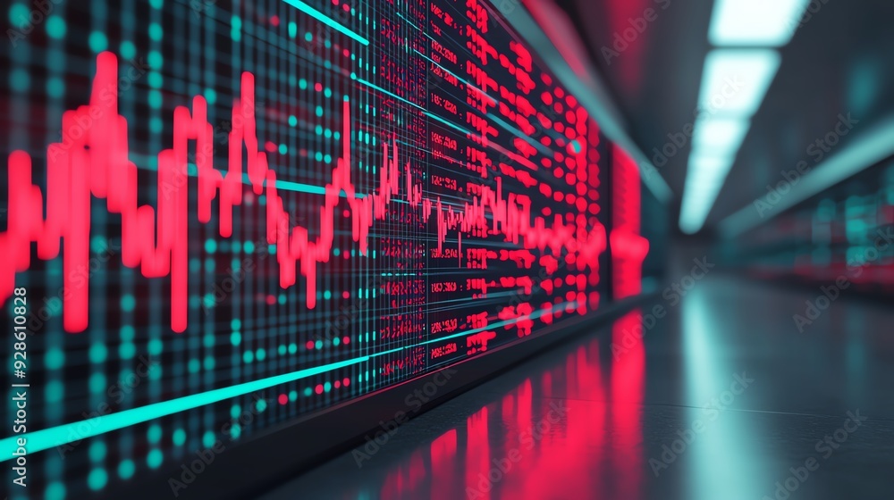 Holographic stock price drop, virtual business decline, futuristic economic impact, neon interface Holographic stock price drop, virtual business decline, futuristic economic impact, neon interface