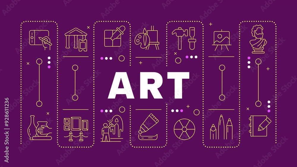 Art word concept animation. Artistic painting, school subject. Graphic tablet, drawing. Dynamic text with thin line icons on purple background. HD video with alpha channel. Motion graphic Art word concept animation. Artistic painting, school subject. Graphic tablet, drawing. Dynamic text with thin line icons on purple background. HD video with alpha channel. Motion graphic