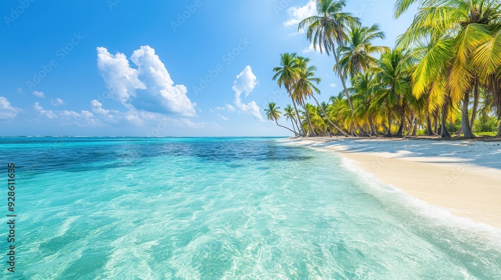 A serene tropical beach with clear waters and palm trees under a bright blue sky. A serene tropical beach with clear waters and palm trees under a bright blue sky.