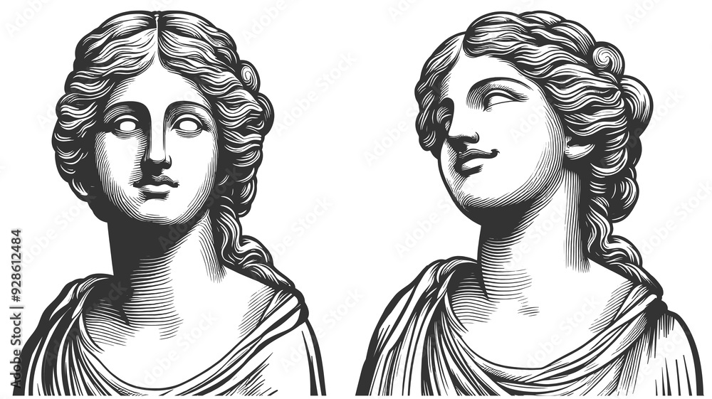 two classical female busts, ancient Roman or Greek sculpture statue line work sketch engraving generative ai fictional character raster illustration. Scratch board imitation. Black and white image. two classical female busts, ancient Roman or Greek sculpture statue line work sketch engraving generative ai fictional character raster illustration. Scratch board imitation. Black and white image.