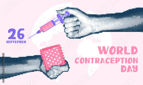 Hands holding contraceptives, a collage pop art grunge. World Contraception Day. Hands holding a flat patch and a syringe against each other, September 26, made in a halftone style using vector dots.