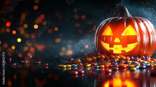 Wallpaper Mural Enchanting background for Halloween with a jack-o'-lantern glowing from within, filled with candy spilling out onto a glossy black surface,  Torontodigital.ca