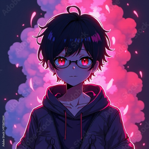 Anime gamer boy figure surrounded with smoke studio shot with copy space. anime fan art. Illustration 