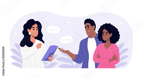 Pregnancy planning concept. Happy young couple planning pregnancy. Patients speak with their family doctor. A smiling married couple consults with a medical professional. Flat vector illustration.