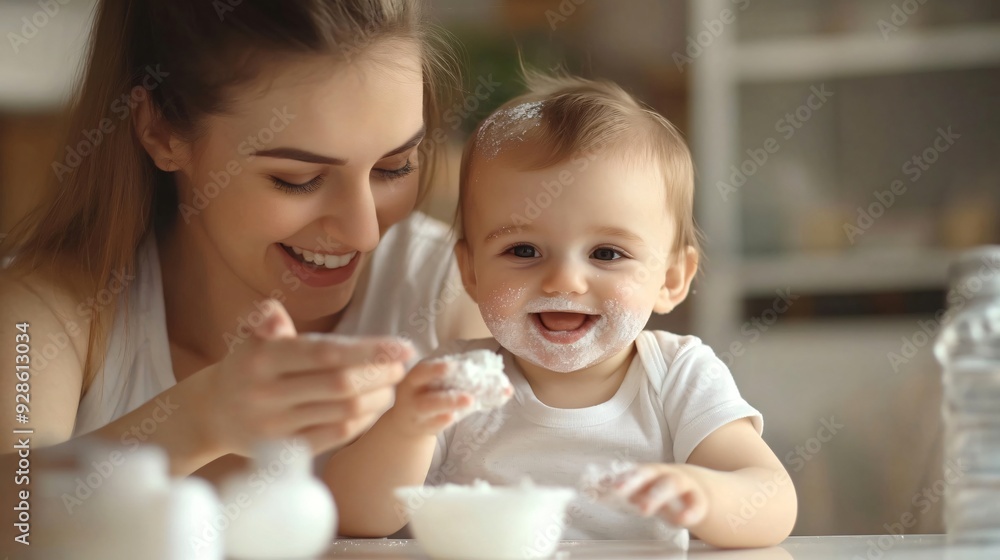 Happy Mother with Dusting Powder Near Her Cute Baby at Home Happy Mother with Dusting Powder Near Her Cute Baby at Home