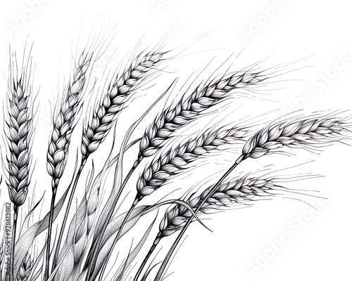 Wheat - wheat, barley, crop, agriculture, grain, harvest, rural, nature, organic, food, farming, plant, flora, black and white, botanical, sketch, illustration