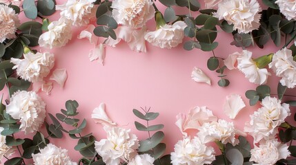 Delicate white and pastel flowers surround a soft pink backdrop, creating a lovely floral border that enhances the tranquil atmosphere