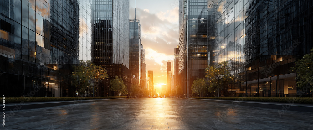 Fototapeta premium Long street in a modern city with skyscrapers, sunset at the end of the street, 3D effect