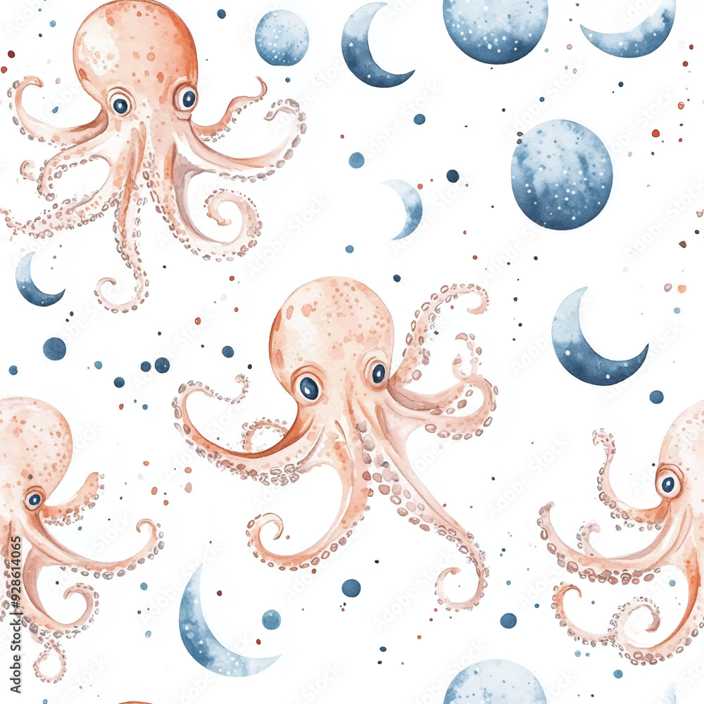 Watercolor seamless pattern with octopus in a marine style. Seamless with birds flying. Pattern for fabric, baby clothes, background, textile, wrapping paper and other decoration Watercolor seamless pattern with octopus in a marine style. Seamless with birds flying. Pattern for fabric, baby clothes, background, textile, wrapping paper and other decoration