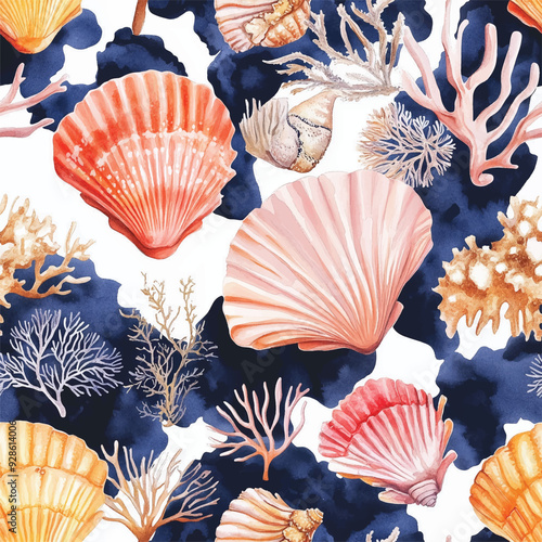 Watercolor Seamless Marine Pattern with sea shells and corals