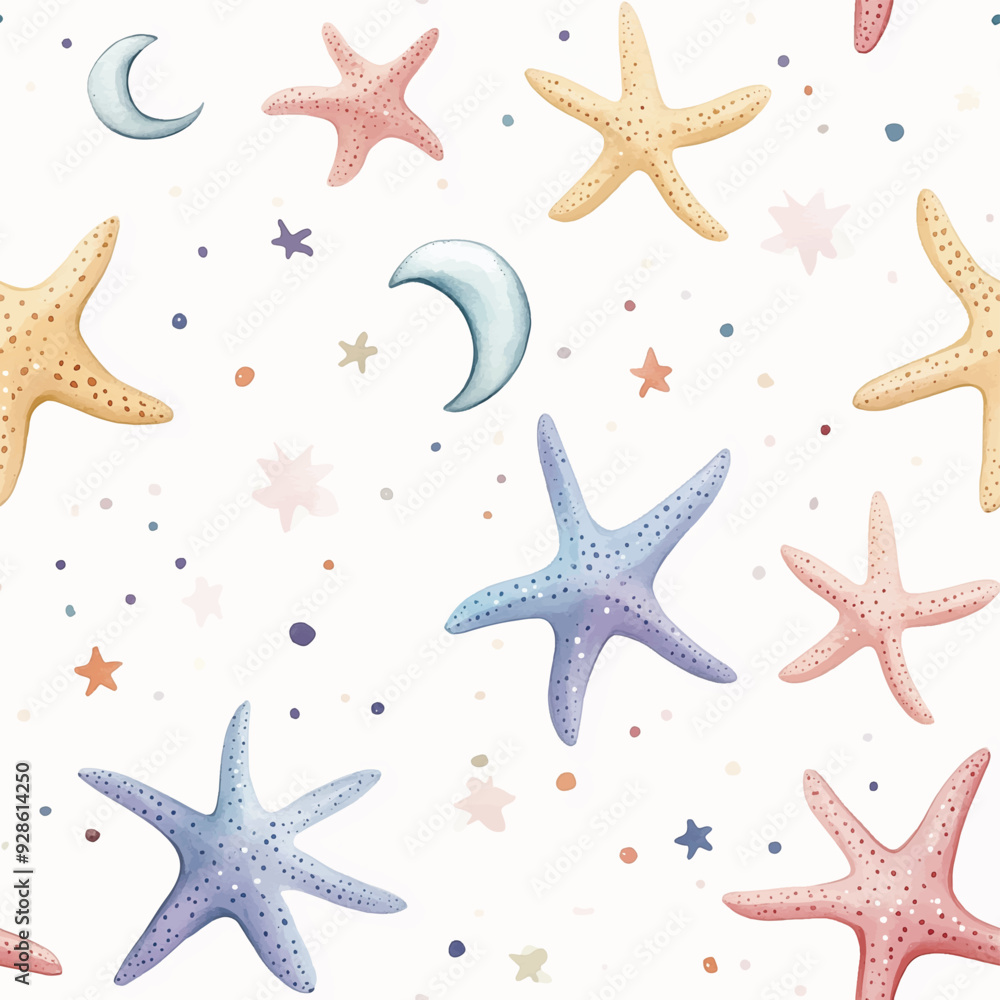 Watercolor seamless pattern with starfish and moon and sun in a marine style. Seamless with birds flying. Pattern for fabric, baby clothes, background, textile, wrapping paper and other decoration Watercolor seamless pattern with starfish and moon and sun in a marine style. Seamless with birds flying. Pattern for fabric, baby clothes, background, textile, wrapping paper and other decoration
