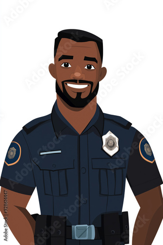 Flat illustration of happy black man policeman wearing uniform, smiling, isolated on white backdrop.