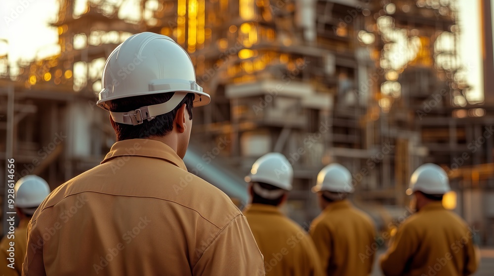 A group of construction workers wearing white hard hats gathered around an industrial steel. A group of construction workers wearing white hard hats gathered around an industrial steel.