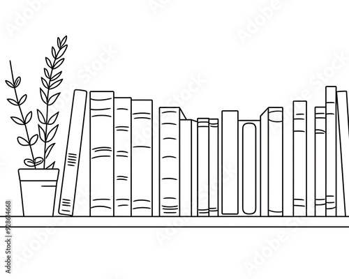 Book Collection - books, bookshelves, bookshelf, plant, potted plant, book arrangement, black and white, sketch, drawing, line art, library, reading