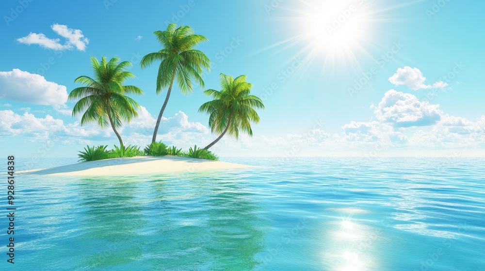 A serene tropical island with palm trees and a bright sun over calm ocean waters. A serene tropical island with palm trees and a bright sun over calm ocean waters.
