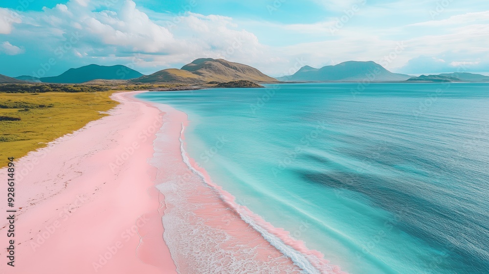 Pink sand beach with crystal clear turquoise water and mountains in the background. Pink sand beach with crystal clear turquoise water and mountains in the background.