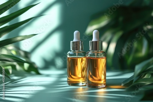 Two Matte Cosmetic Serums on a Green Background with Palm Shadow – Essence and Beauty Skincare photo