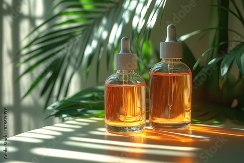 Two Matte Cosmetic Serums on a Green Background with Palm Shadow – Essence and Beauty Skincare photo