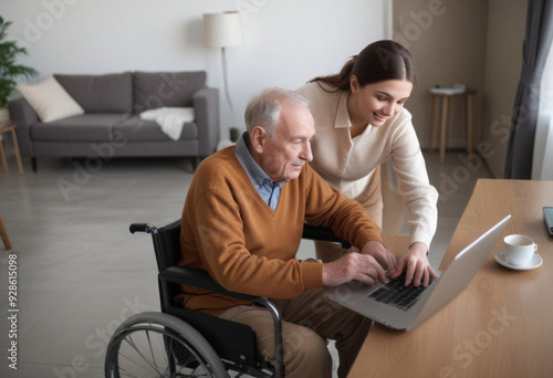 An-elderly-Caucasian-man-in-a-wheelchair-using-a laptop