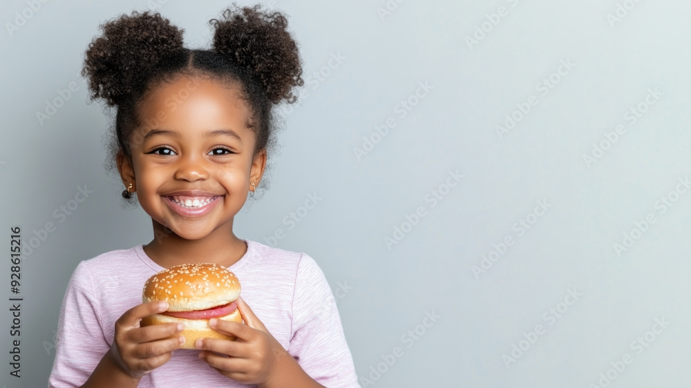 Afro little girl smile holding hamburger fast food for student lunch Afro little girl smile holding hamburger fast food for student lunch