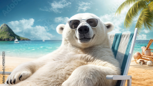 Fototapeta Naklejka Na Ścianę i Meble -  Polar bear in sunglasses in a sun lounger resting on a tropical beach.	
