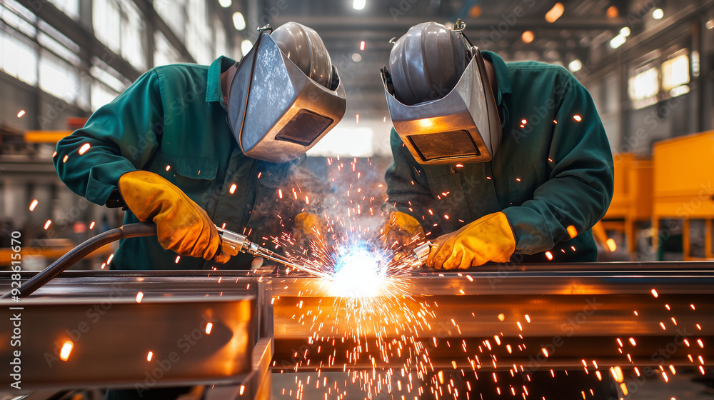 Welders working in a metal fabrication shop, using torches to join metal pieces together. The atmosphere is filled with sparks and intensity, showcasing the precision and craftsman Welders working in a metal fabrication shop, using torches to join metal pieces together. The atmosphere is filled with sparks and intensity, showcasing the precision and craftsman