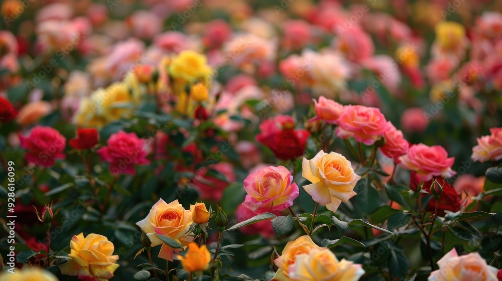 Field of Roses. Summer Blooms in Pink, Yellow, and Red in a Lush Flower Field Field of Roses. Summer Blooms in Pink, Yellow, and Red in a Lush Flower Field