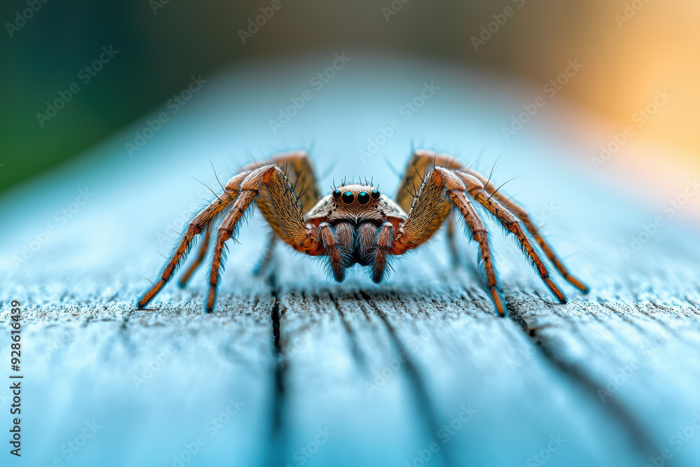 Close-up of a spider on a blue surface, showcasing its detailed texture and vibrant colors against a blurred background. Close-up of a spider on a blue surface, showcasing its detailed texture and vibrant colors against a blurred background.