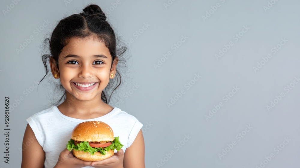 Indian little girl smile holding hamburger fast food for student lunch Indian little girl smile holding hamburger fast food for student lunch