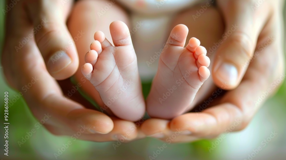 Close-up of a baby feet held in adult hands with soft focus Close-up of a baby feet held in adult hands with soft focus