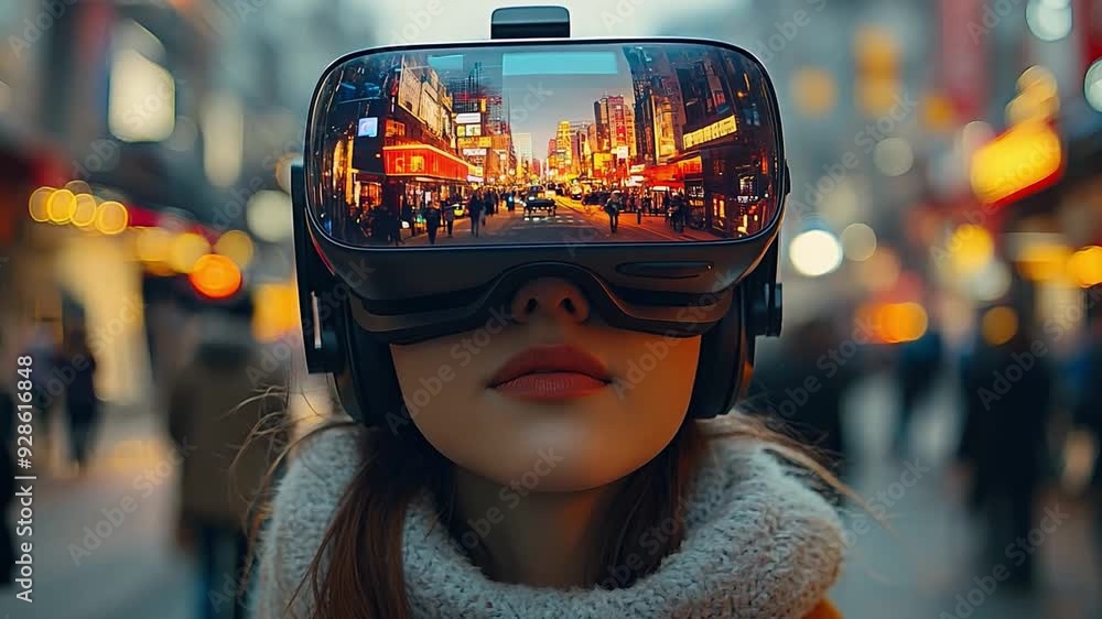 A woman with a virtual reality headset experiences an immersive city scene while walking through a bustling street filled with lights and activity. A woman with a virtual reality headset experiences an immersive city scene while walking through a bustling street filled with lights and activity.