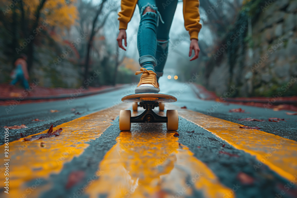 Urban Skateboarding Adventure in Autumn Weather on Misty Road Urban Skateboarding Adventure in Autumn Weather on Misty Road