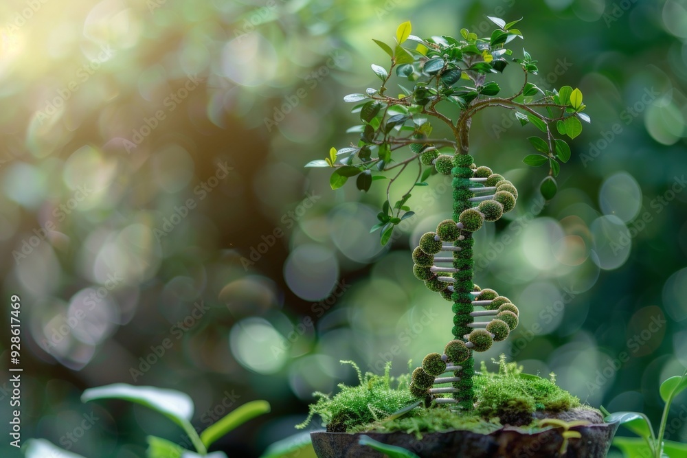 green biotechnology or synthetic biology, graphic of plant with DNA, bonzai tree and dna green biotechnology or synthetic biology, graphic of plant with DNA, bonzai tree and dna