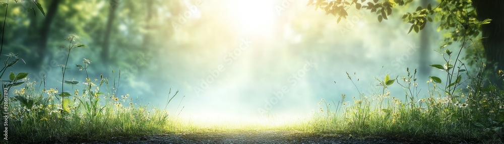 A serene forest scene bathed in soft light, showcasing lush greenery and a mystical atmosphere of tranquility.