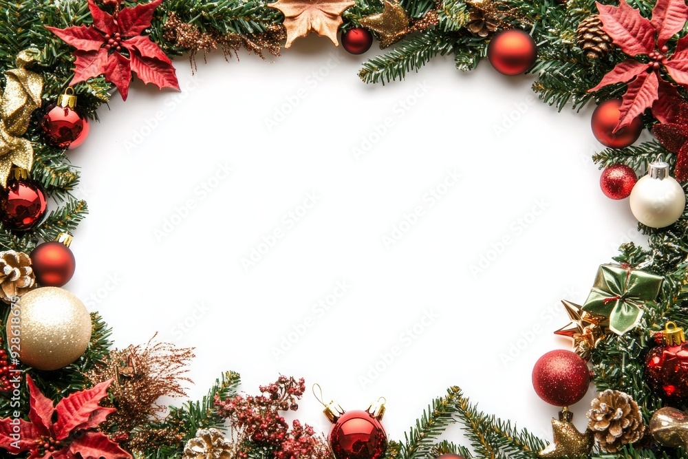 Christmas greeting card. Frame of Christmas decorations, gift and fir-tree. White background as copy space. Christmas greeting card. Frame of Christmas decorations, gift and fir-tree. White background as copy space.