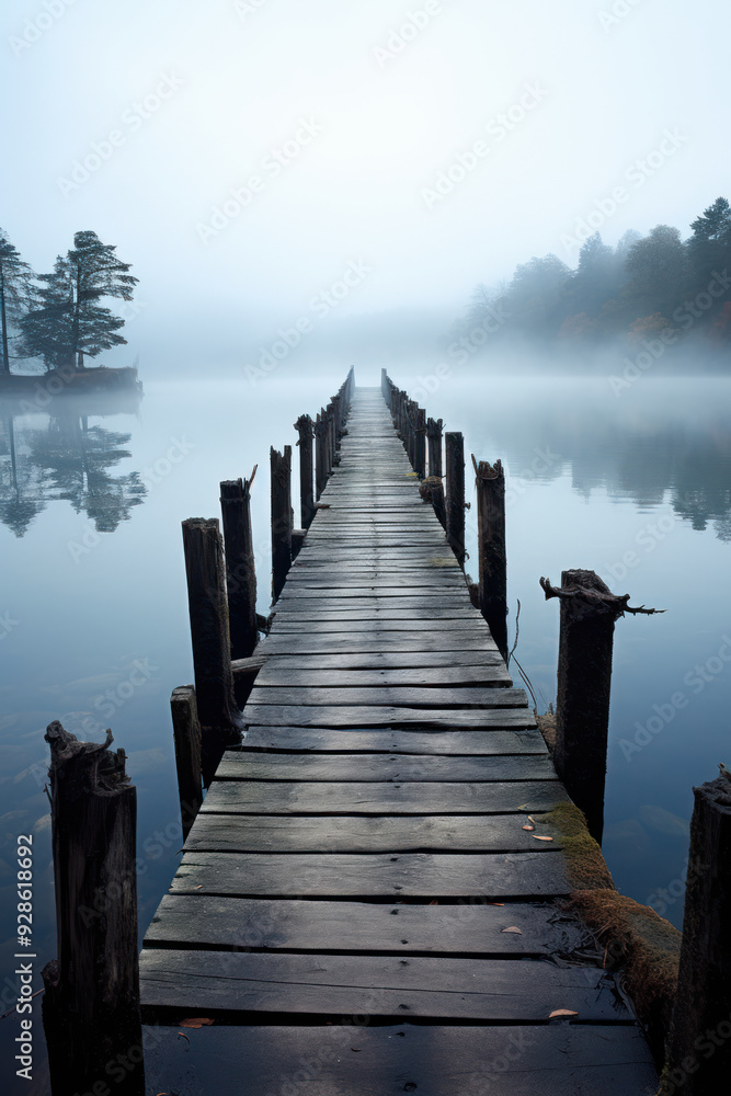 Obraz premium Old weathered jetty on foggy lake in autumn
