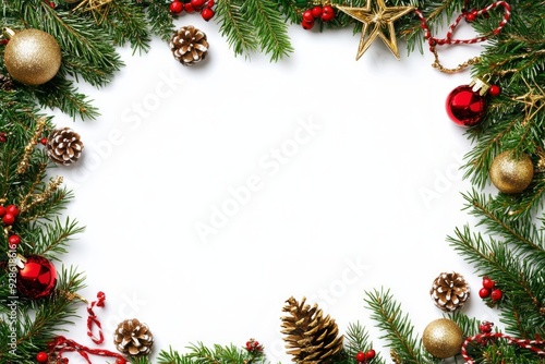 Christmas greeting card. Frame of Christmas decorations, gift and fir-tree. White background as copy space.