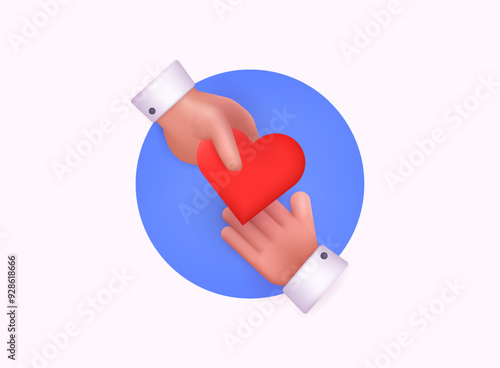 Donation, charity foundation concept. Diversity human hands give heart shapes. People donate money, blood, sharing love for needy. 3D Web Vector Illustrations.
