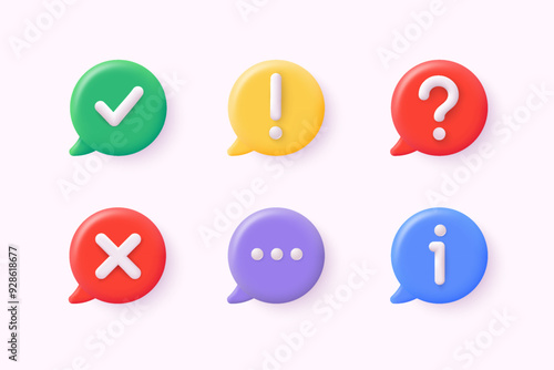 3d icon set of check mark, information icon, chat, cross, question mark, exclamation point, FAQ sign. Tick, question, information and answers mark. Help symbol. 3D Web Vector Illustrations.