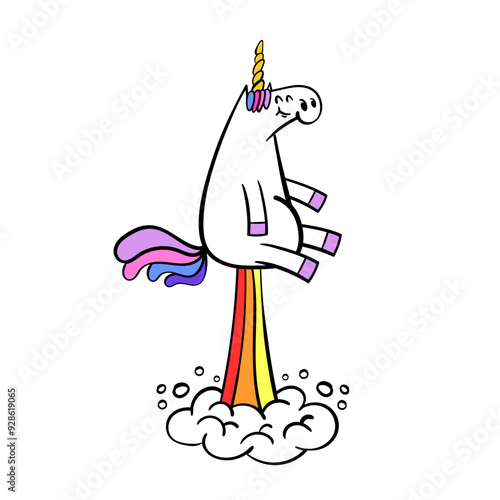 Cute unicorn horse farting rainbow isolated on white. Vector illustration